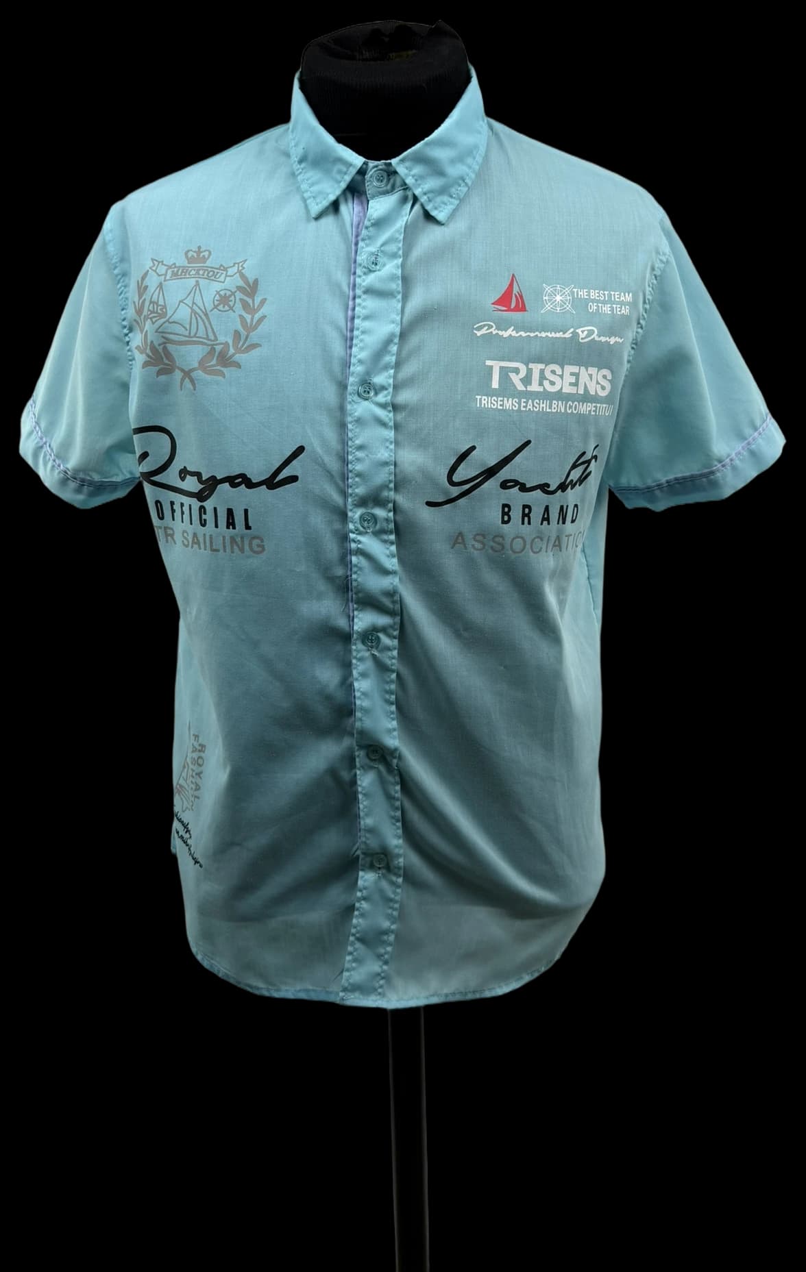 Trisens Men's L Aqua Yacht Sailing Print Short Sleeve Button-Up Shirt Nautical